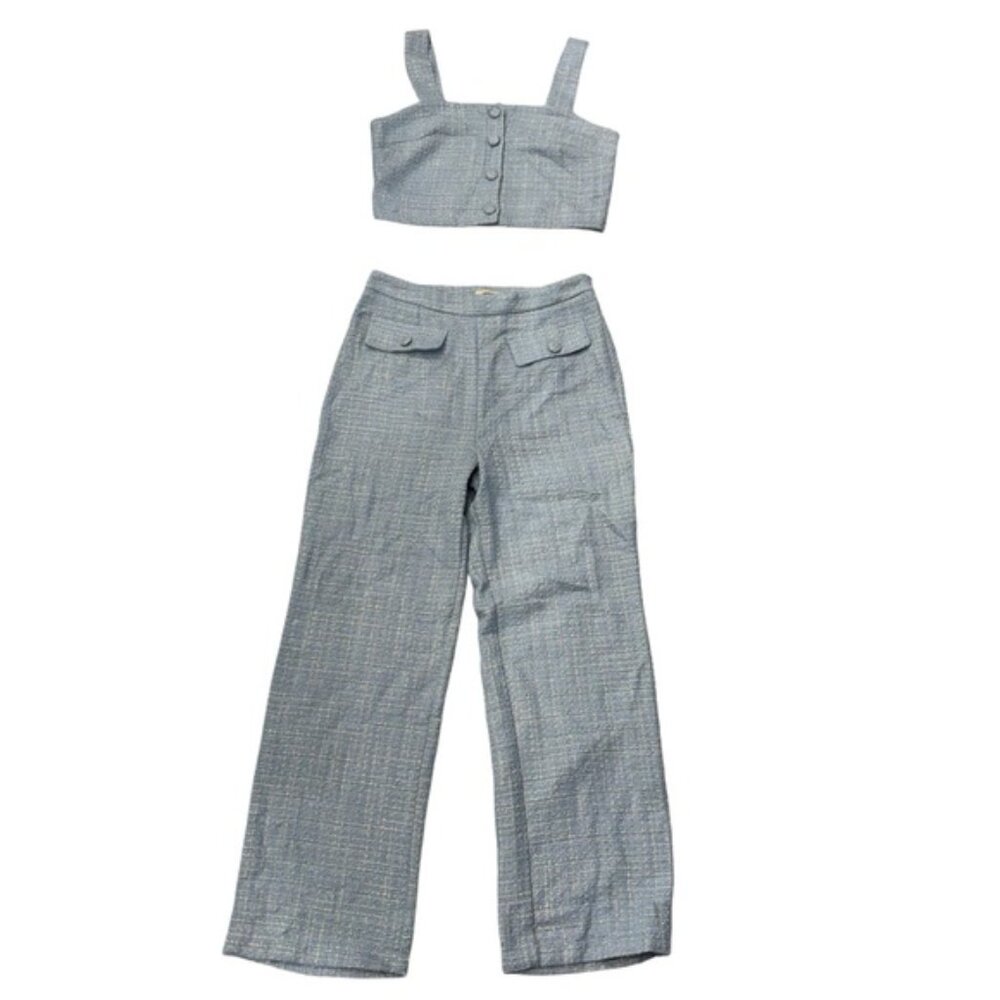 $425 JASON WU Baby Blue Tweed Plaid Matching Set High Rise Pants/Top Size 6 NWT